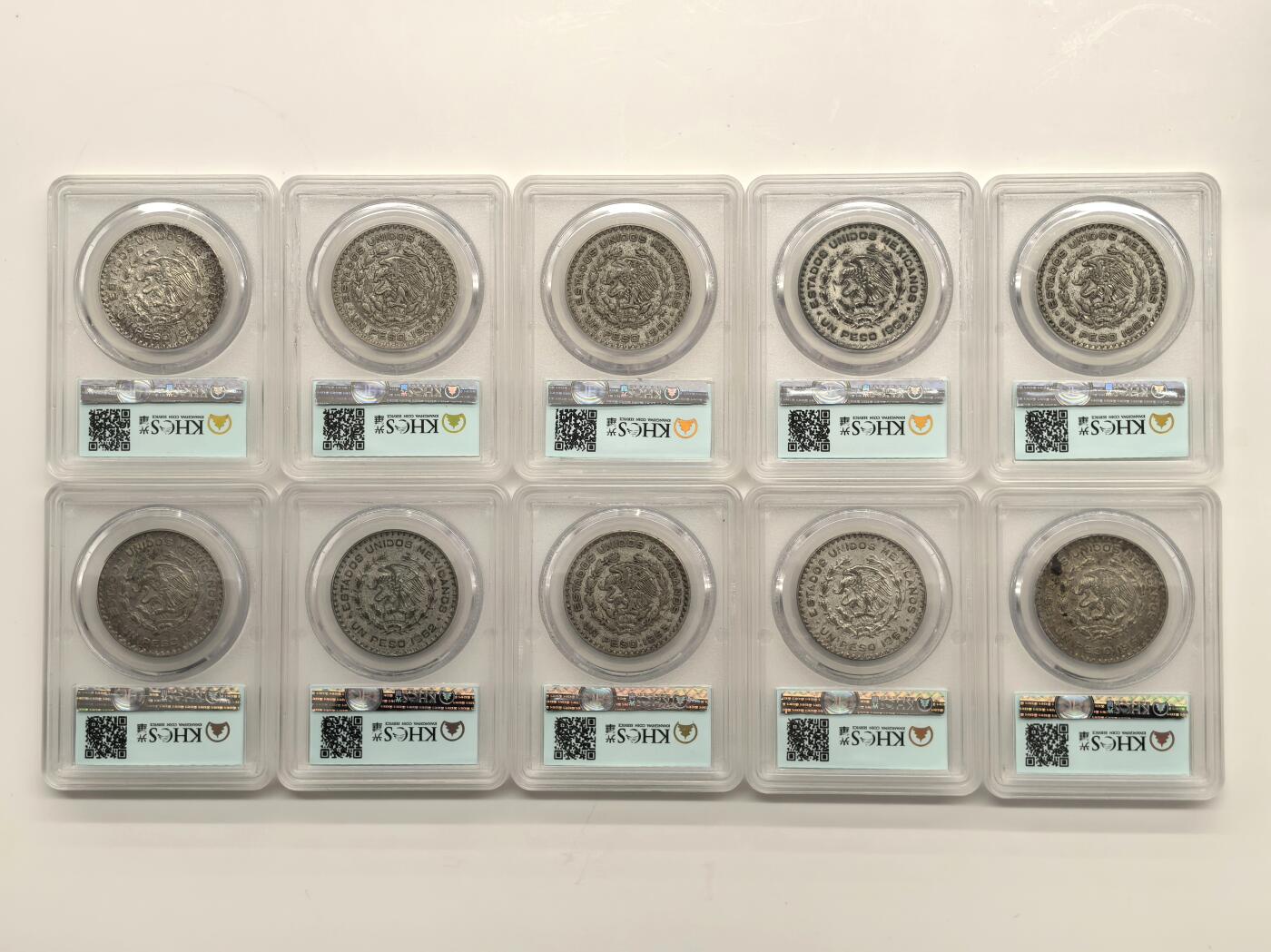 博洋堂世界钱币拍卖第147期（全场包邮） KHCS AU50 墨西哥1960-1966年1比索银币10枚一组