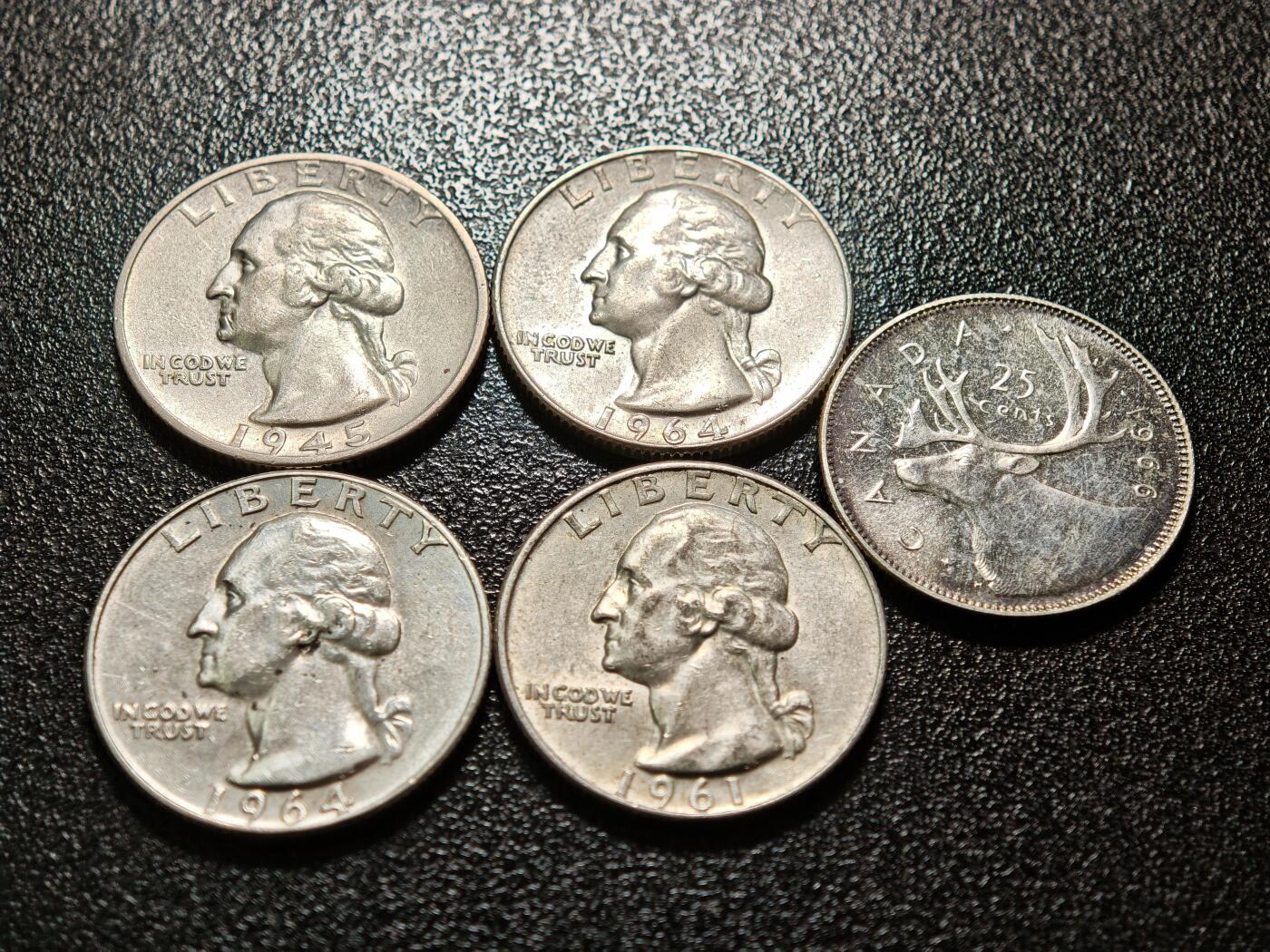 【德藏】世界币章拍卖第154期（拍品征集中~欢迎藏友联系） 5枚一组 美国及加拿大25分银币 直径约：24.1mm/美，23.7mm/加；重约：6.3g/美，5.8g/加