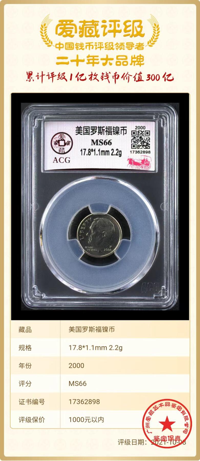 美国纪念币ACG评级 千禧年罗斯福5美分纪念币