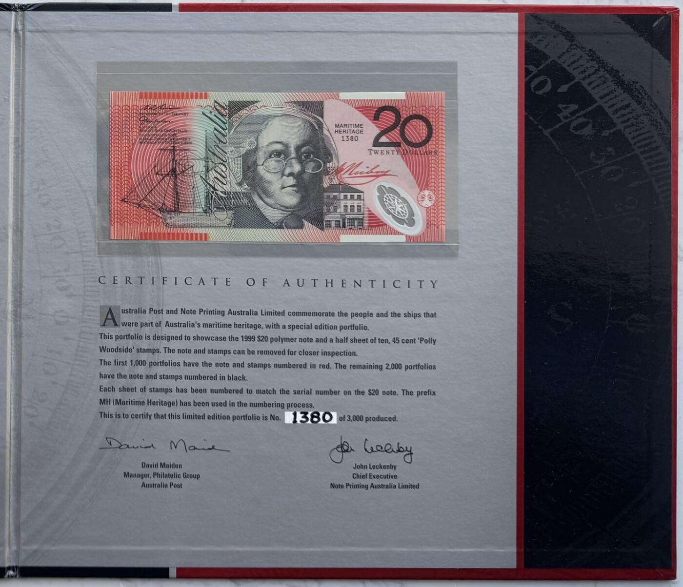2025第25场（总第225期）：精品测试钞、纪念钞、塑料钞、连体钞综合场 黑字版MH99冠 澳大利亚海上文化遗产20元塑料纪念钞特殊加盖册装UNC（第1380号）