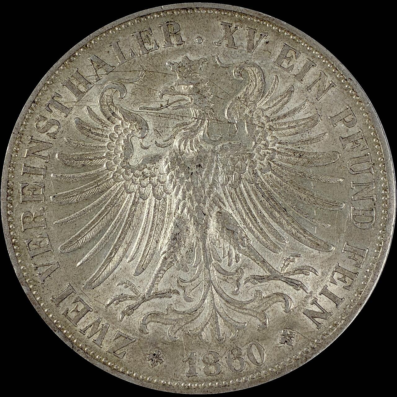 【雨安】【直播拍卖】【世界币章115期-裸币】2025-11-21 周五 19:30 保真 [裸币德国] Germany 德国 德意志 2泰勒 Frankfurt法兰克福 Thun.145 KM#0365 (1860-1866) 法兰克福少女 1860年