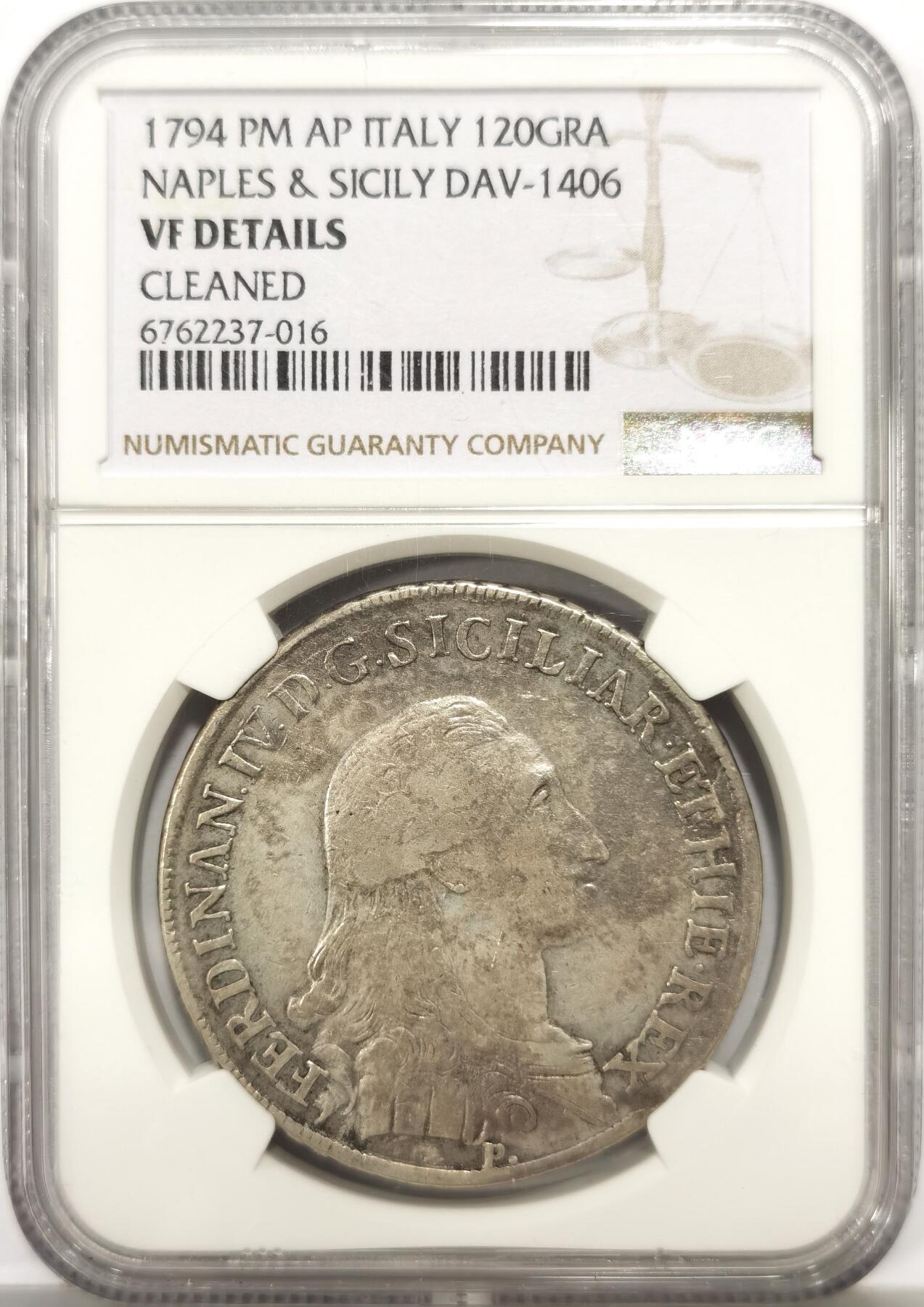 博洋堂世界钱币拍卖第147期（全场包邮） NGC VF 意大利那不勒斯与西西里1794年120G大银币，稀见品种