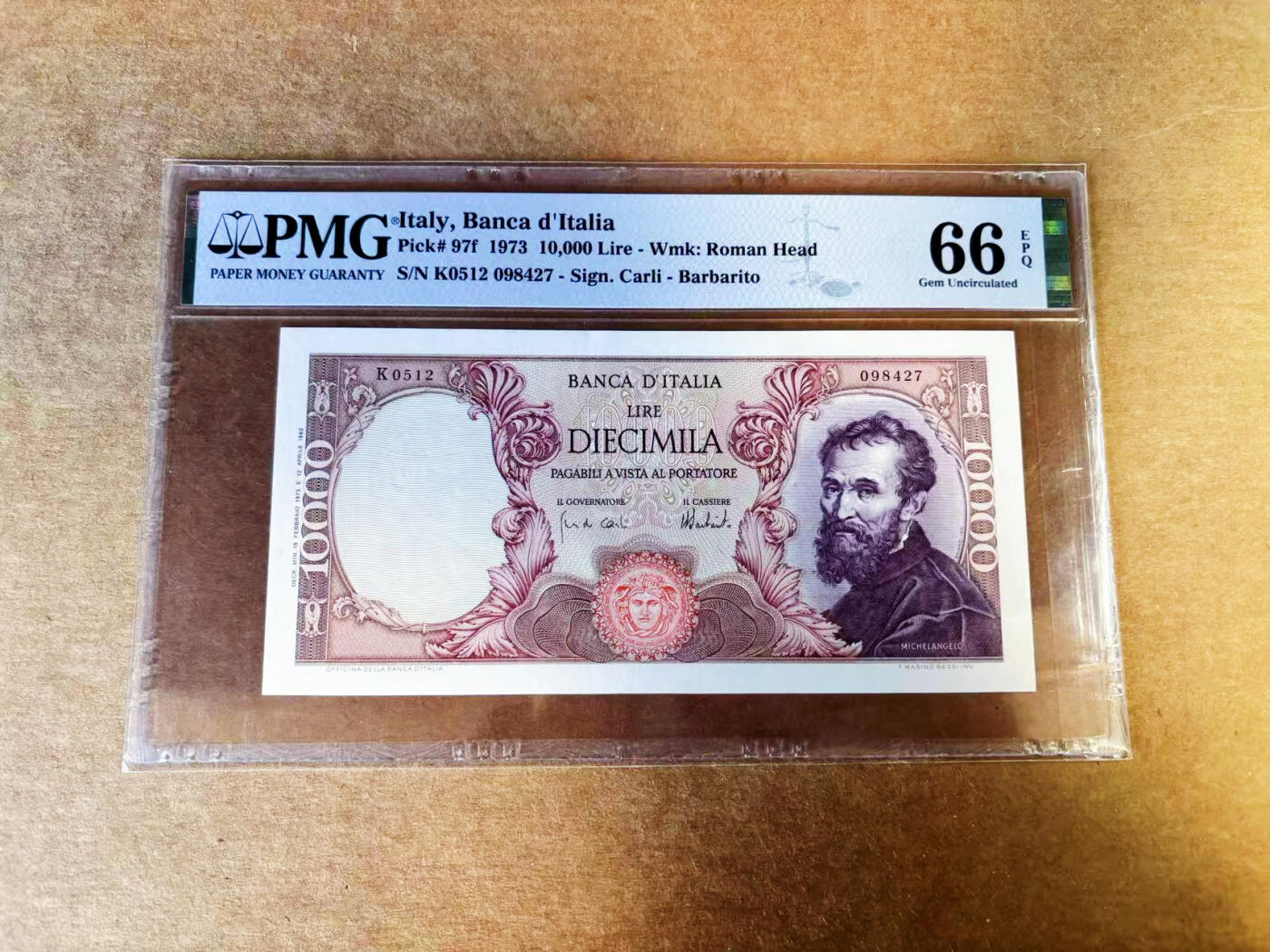 【Blue Auction】世界纸币精拍第753期——18级TOP拍卖/信誉/品质/专业/高效💫 意大利 1973年10000里拉 米开朗基罗  PMG66EPQ