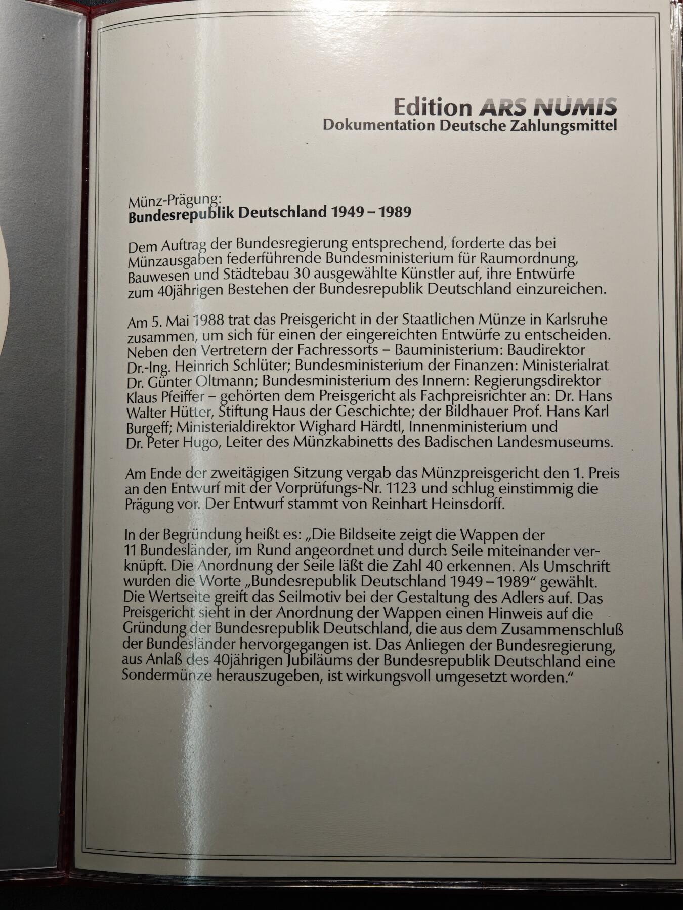 【德藏】世界币章拍卖第154期（拍品征集中~欢迎藏友联系） 1989年 德意志联邦成立40周年钱币铸造档案样币纪念册 带设计师亲笔签名