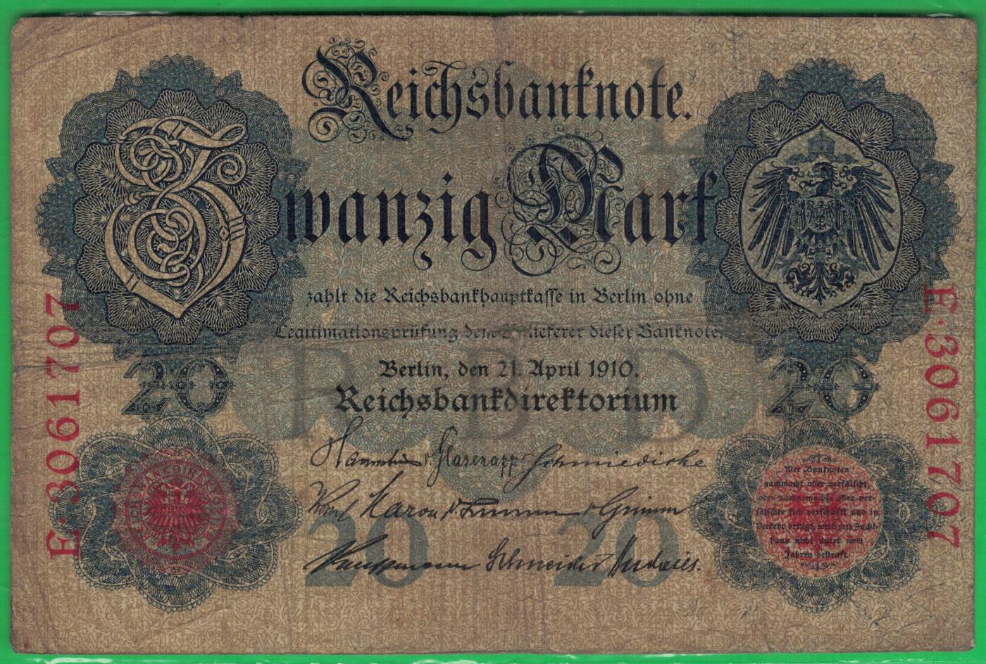 德国1910年20马克 P-40b 无水印 加盖字母L 7位号 无4 实物图