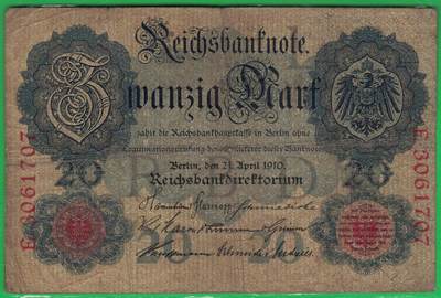 德国1910年20马克 P-40b 无水印 加盖字母L 7位号 无4 实物图 - 德国1910年20马克 P-40b 无水印 加盖字母L 7位号 无4 实物图