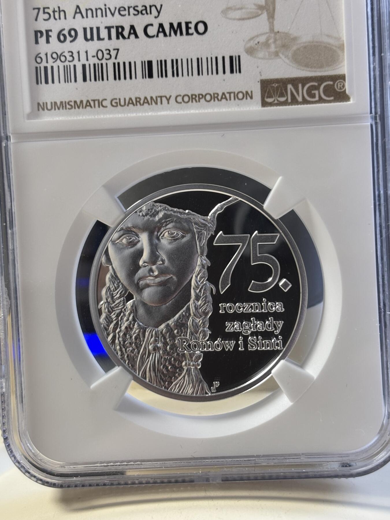 第182期拍卖 波兰2019年罗姆人和辛提人种族灭绝75周年纪念银币NGC-PF69原盒证书，925银，14.14克，发行15000枚