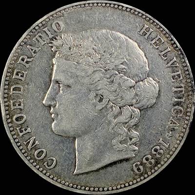 【雨安】【直播拍卖】【世界币章115期-裸币】2025-11-21 周五 19:30 保真 - [裸币各国] Switzerland 瑞士 5法郎 KM#0034 (1888-1916) 赫尔维蒂娅桂冠 1889年