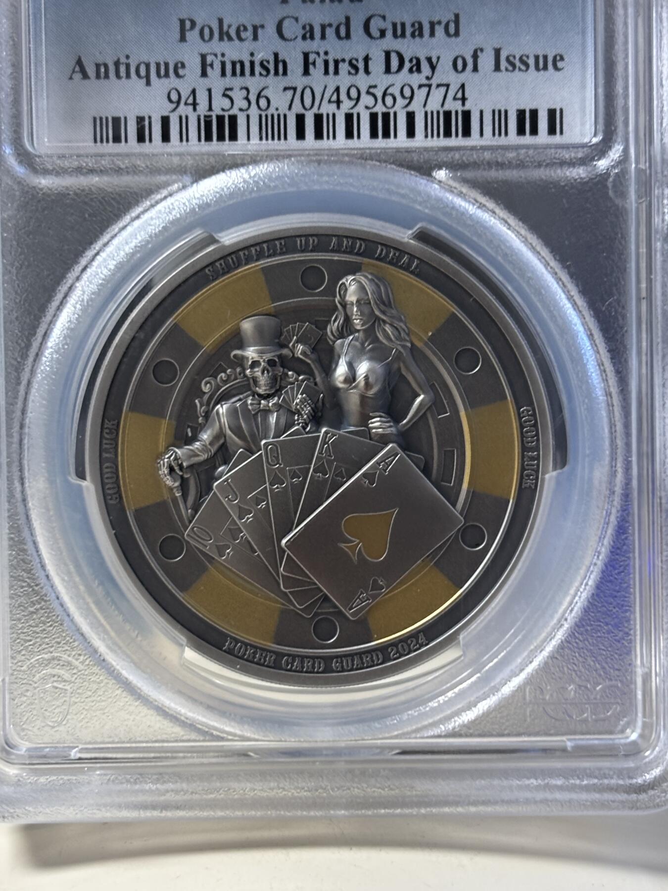 第182期拍卖 帕劳2024年扑克警卫镀金仿古浮雕纪念银币PCGS-SP70首无盒无证书，1盎司。9999银，发行1111枚，