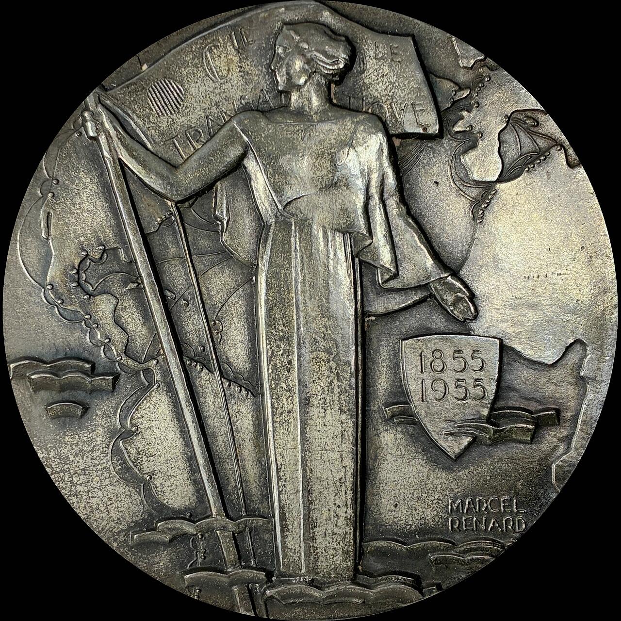 【雨安】【直播拍卖】【世界币章115期-裸币】2025-11-21 周五 19:30 保真 [章] France 章 法国 1955年 大西洋穿越公司百年纪念 银章 147克, 68mm