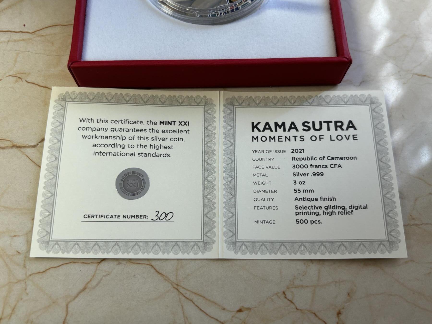第182期拍卖 喀麦隆2021年爱情系列爱经3盎司高浮雕仿古彩银币，999银，发行500枚，有掉漆