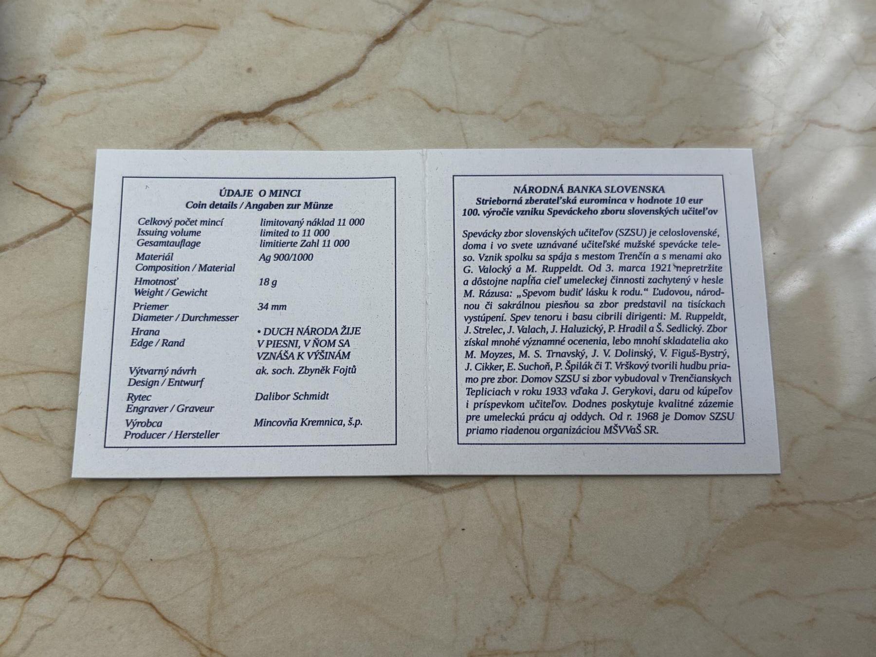 第182期拍卖 斯洛伐克2021年教师合唱团成立周年精制纪念银币，900银，18克，有瑕疵