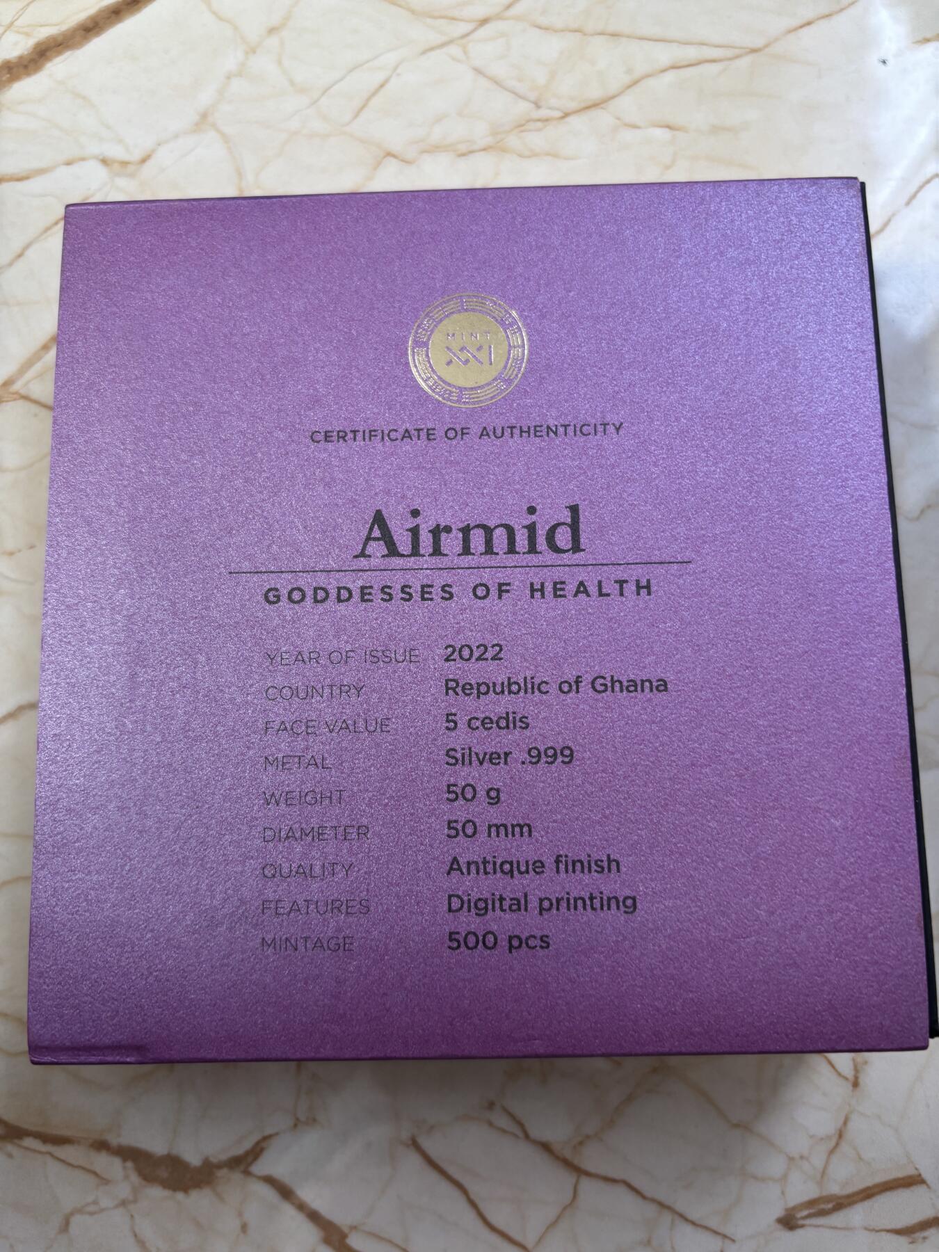 第182期拍卖 加纳2022年健康女神系列7Airmid彩色仿古纪念银币，999银，50克，发行500枚