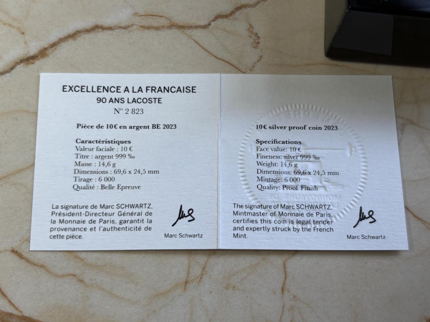 第182期拍卖 法国2023年瑰宝系列鳄鱼网球拍异形纪念银币，999银，发行6000枚，14.6克