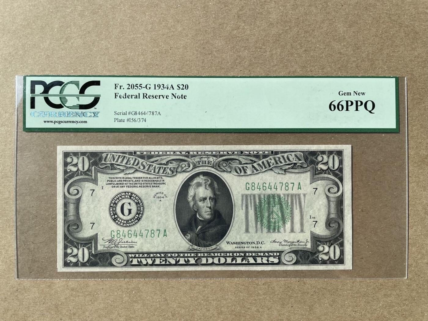 美国1934年A版20元 芝加哥分行发行 PCGS66PPQ G84644787A