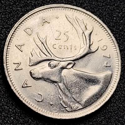 泉币菌-第135场-精品福利场 - 高币值 加拿大1974年1/4加拿大元 伊丽莎白二世 驯鹿 24mm 