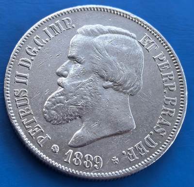 外国优质老铜币银币，未完待续 - 巴西1889年大胡子2000瑞斯银币