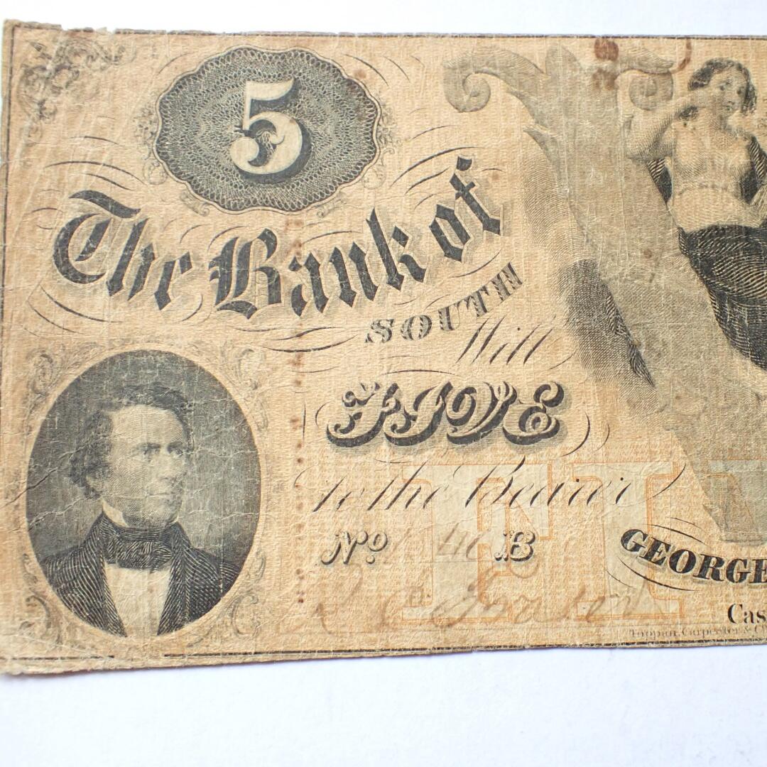 古楚泉社世界钱币专场NO.1 美国19世纪南卡罗来纳洲乔治敦银行5美元纸币
