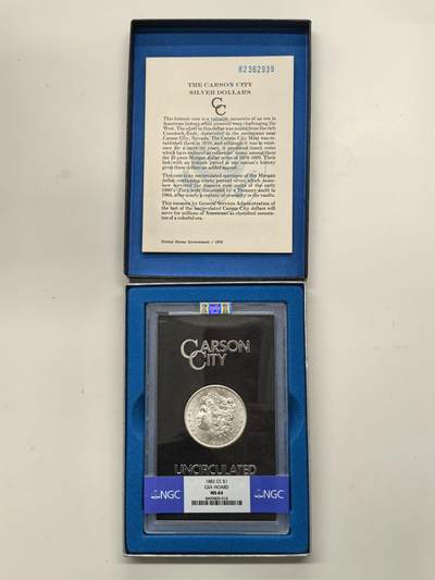 博洋堂藏家专场系列之美国钱币白金之夜专场暨第148期（全场包邮） - NGC MS64 美国1882 CC 摩根 卡森厂 GSA大封装 附原盒及证书 高分难得 十字转光