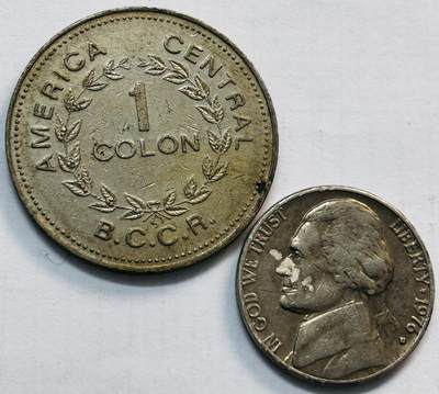 文馨钱币收藏第 282 场，【 长期接收代拍品】，加拿大老铜代用币，银币，德三系列场 - 1976 年哥斯达黎加 1 克朗，1976 年美国 5 美分 D 版 2 枚