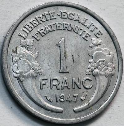 文馨钱币收藏第 282 场，【 长期接收代拍品】，加拿大老铜代用币，银币，德三系列场 - 原光品相 1947 年法兰西第四共和国 1 法郎铝币，第一版