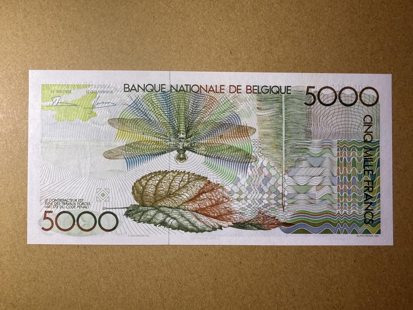 《艾美收藏》第221期-11.23周日黄金场精品荟萃 比利时5000法郎 UNC 比利时诗人哥赛尔 大蜻蜓 原票好品 仅轻微荧光 无4