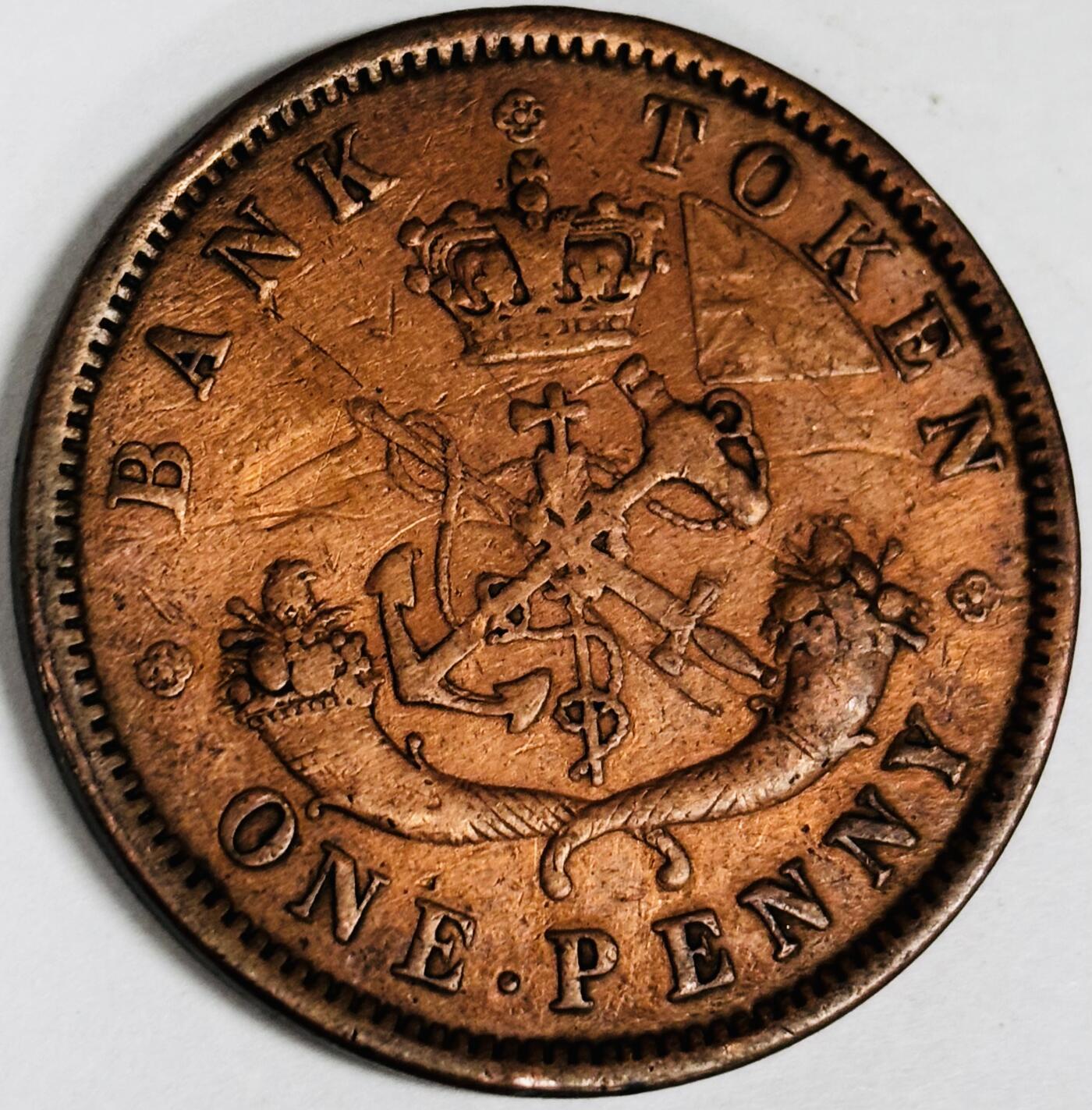 文馨钱币收藏第 282 场，【 长期接收代拍品】，加拿大老铜代用币，银币，德三系列场 稀少铜光 加拿大1857 年圣乔治马剑屠龙1便士青铜币  TOKEN 代用币