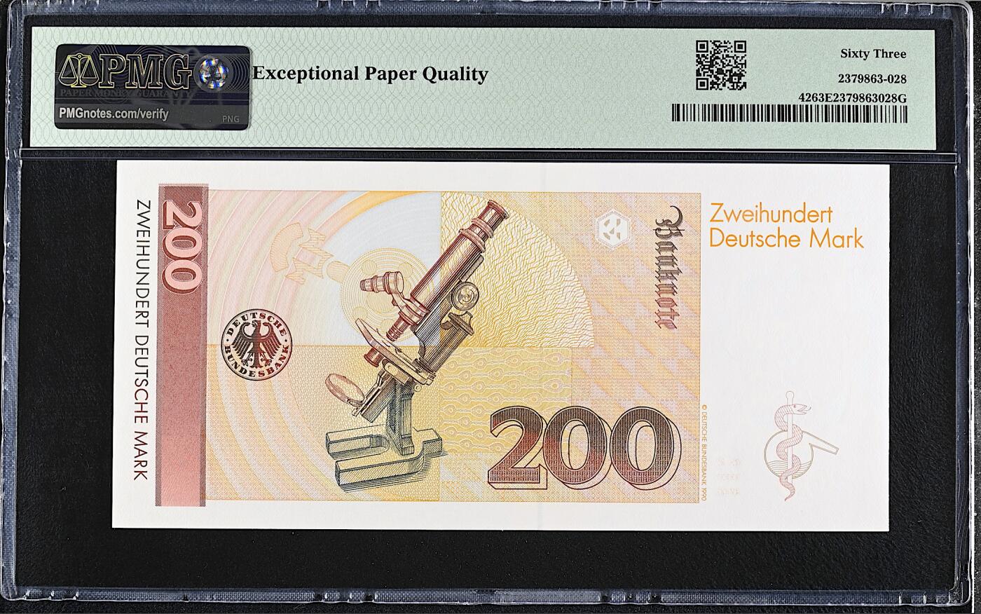 《艾美收藏》第221期-11.23周日黄金场精品荟萃 德国200马克 PMG63E 1989年 AA冠 连号的全评了67-68 仅此张低评 可重评或剪壳裸币收藏