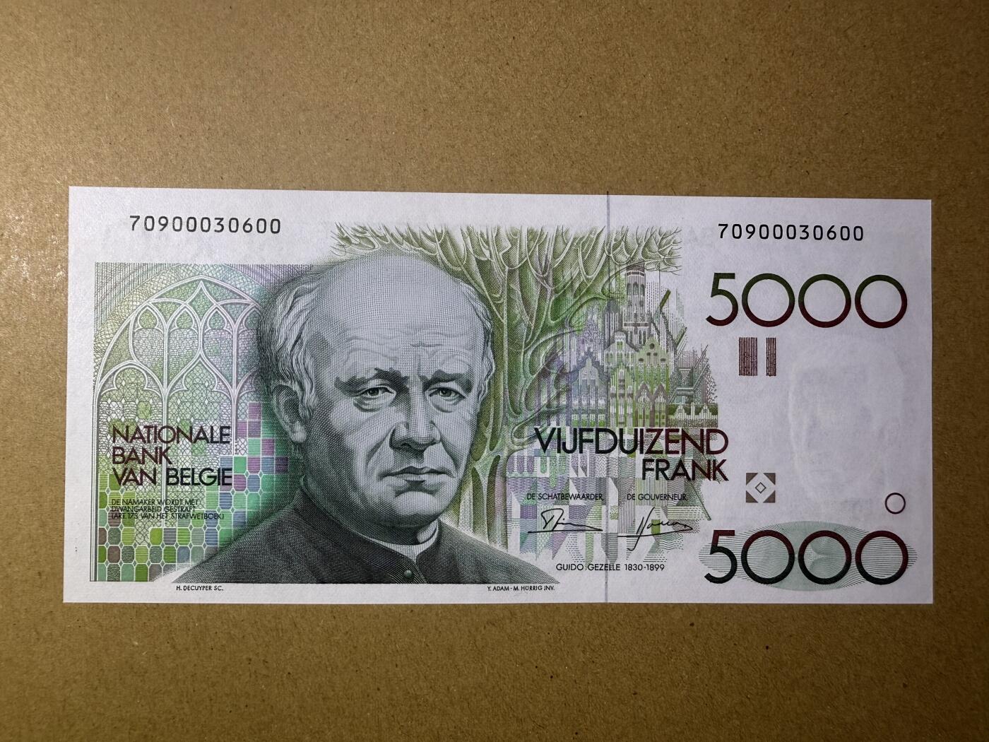 《艾美收藏》第221期-11.23周日黄金场精品荟萃 比利时5000法郎 UNC 比利时诗人哥赛尔 大蜻蜓 原票好品 仅轻微荧光 无4