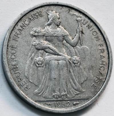 文馨钱币收藏第 282 场，【 长期接收代拍品】，加拿大老铜代用币，银币，德三系列场 - 1952 年新喀里多尼亚 5 法郎铝币卡古鸟