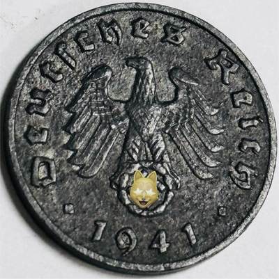文馨钱币收藏第 282 场，【 长期接收代拍品】，加拿大老铜代用币，银币，德三系列场 - 极美品 1941 年德三帝国 1 芬尼锌币 J 标，锌币保存不错，收藏不错