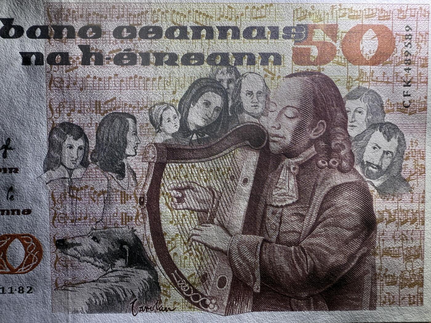 《艾美收藏》第221期-11.23周日黄金场精品荟萃 爱尔兰50镑 UNC 1982年 爱尔兰盲人竖琴师奥卡罗兰 原票好品 仅边缘轻微荧光