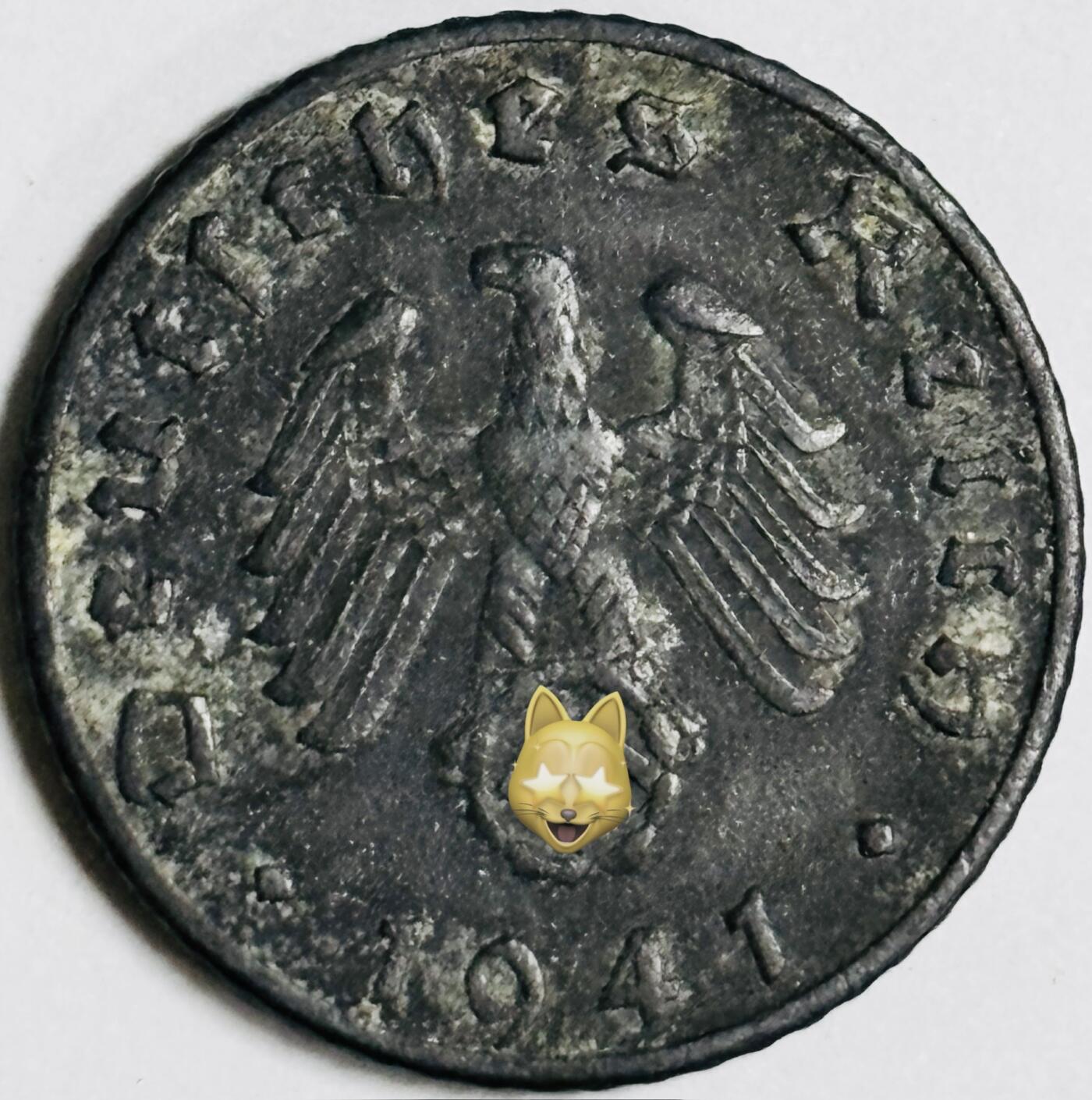 文馨钱币收藏第 282 场，【 长期接收代拍品】，加拿大老铜代用币，银币，德三系列场 极美品 1941 年德三帝国 5 芬尼锌币 B 标，锌币保存不易，品相佳，收藏不错