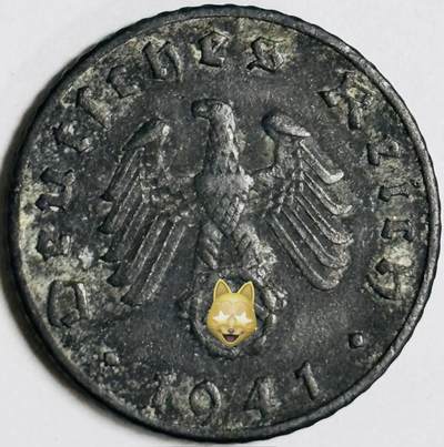 文馨钱币收藏第 282 场，【 长期接收代拍品】，加拿大老铜代用币，银币，德三系列场 - 极美品 1941 年德三帝国 5 芬尼锌币 B 标，锌币保存不易，品相佳，收藏不错