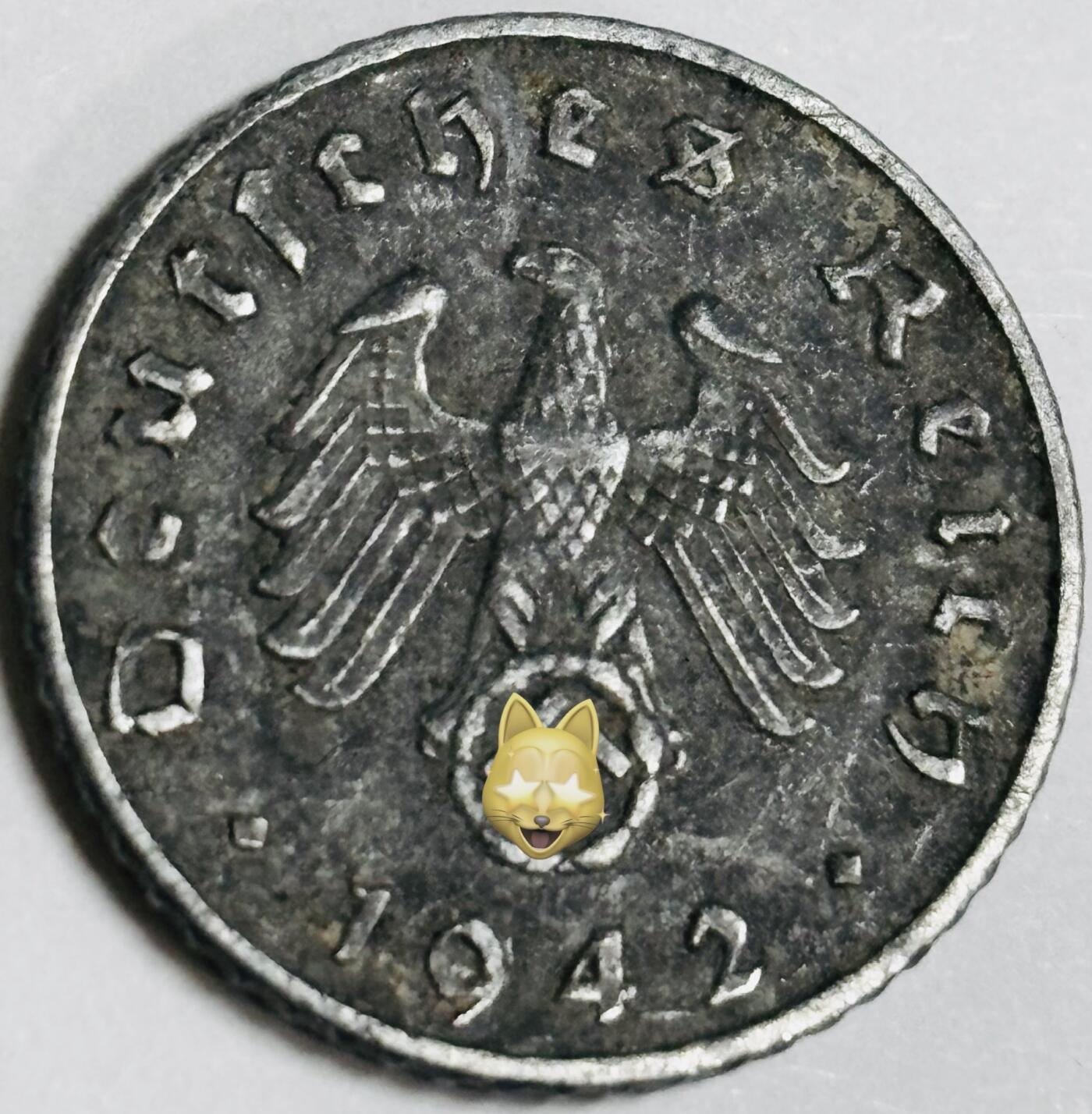 文馨钱币收藏第 282 场，【 长期接收代拍品】，加拿大老铜代用币，银币，德三系列场 极美品 1942 年德三帝国 5 芬尼锌币 A 标，锌币保存不错，收藏不错