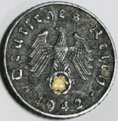 文馨钱币收藏第 282 场，【 长期接收代拍品】，加拿大老铜代用币，银币，德三系列场 - 极美品 1942 年德三帝国 5 芬尼锌币 A 标，锌币保存不错，收藏不错