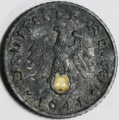 文馨钱币收藏第 282 场，【 长期接收代拍品】，加拿大老铜代用币，银币，德三系列场 - 极美品 1941 年德三帝国 5 芬尼锌币 A 标，锌币保存不易，品相佳，收藏不错