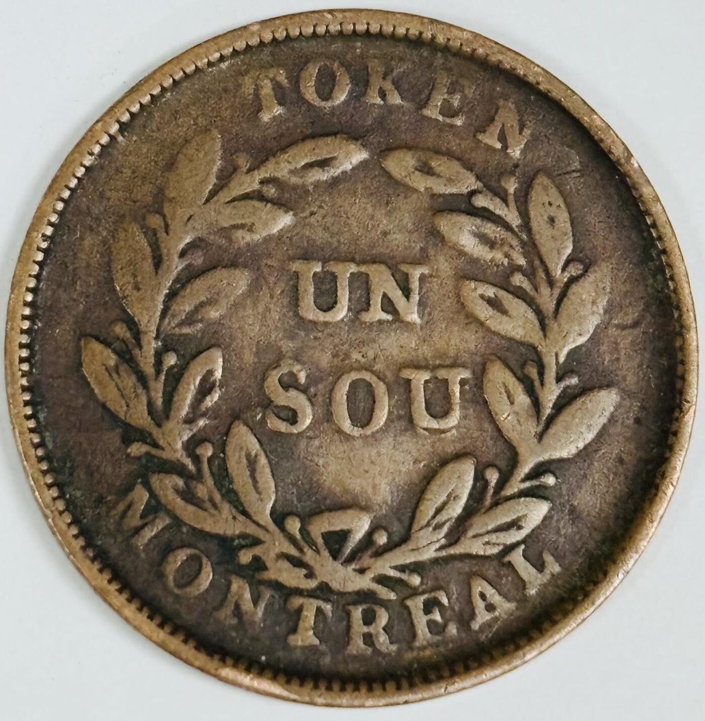 文馨钱币收藏第 282 场，【 长期接收代拍品】，加拿大老铜代用币，银币，德三系列场 稀少极美品下加拿大蒙特利尔无年份花束1苏(半便士)铜币代币TOKEN