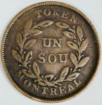 文馨钱币收藏第 282 场，【 长期接收代拍品】，加拿大老铜代用币，银币，德三系列场 - 稀少极美品下加拿大蒙特利尔无年份花束1苏(半便士)铜币代币TOKEN