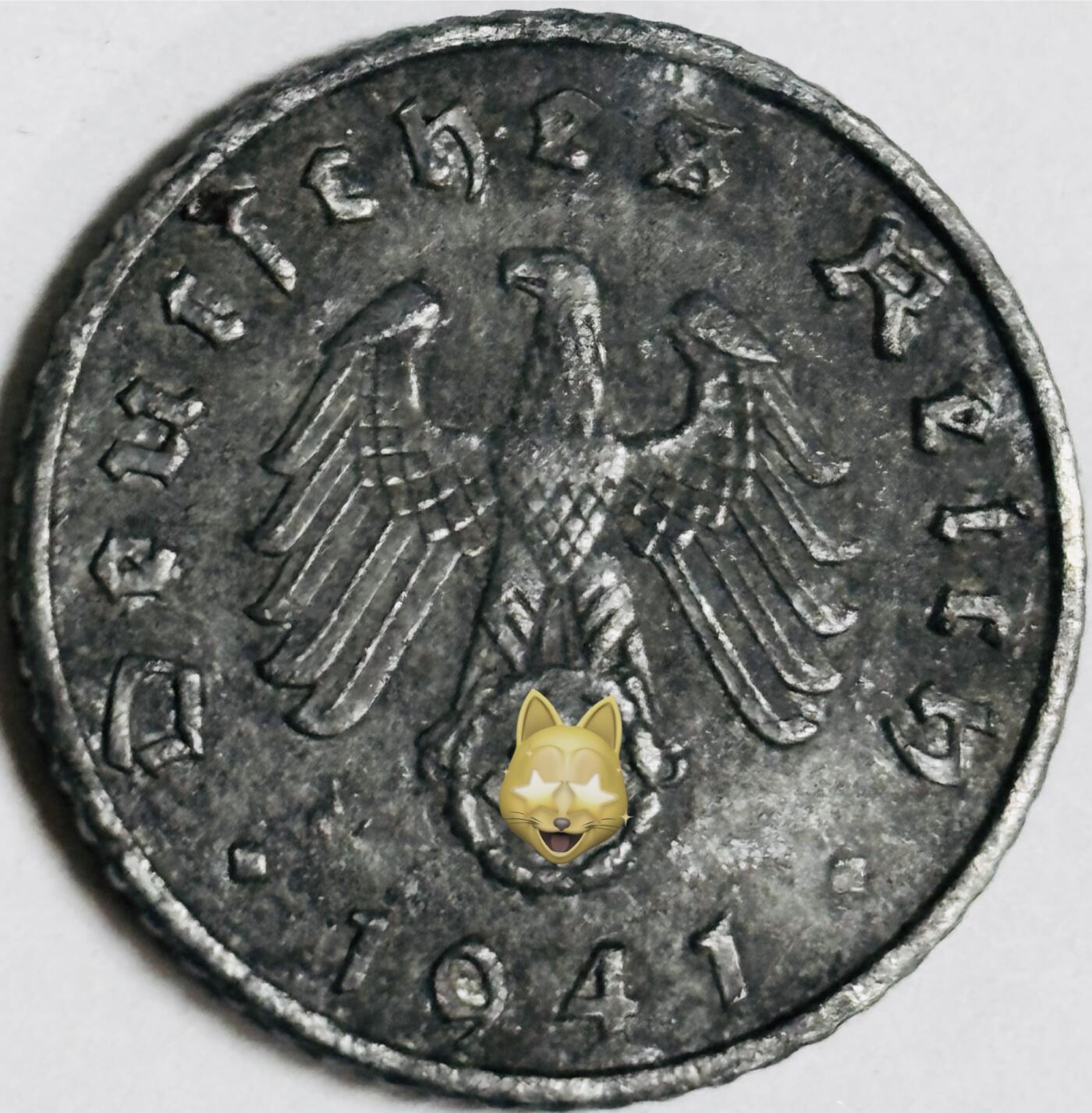 文馨钱币收藏第 282 场，【 长期接收代拍品】，加拿大老铜代用币，银币，德三系列场 极美品 1941 年德三帝国 5 芬尼锌币 A 标，锌币保存不易，品相佳，收藏不错