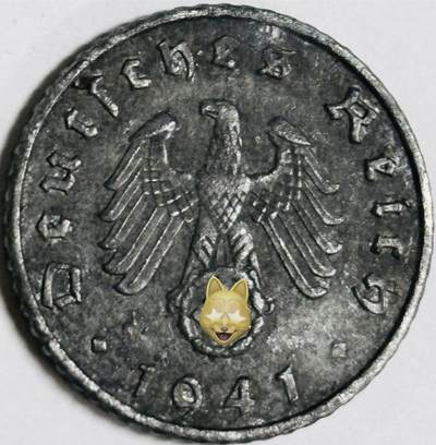 文馨钱币收藏第 282 场，【 长期接收代拍品】，加拿大老铜代用币，银币，德三系列场 - 极美品 1941 年德三帝国 5 芬尼锌币 A 标，锌币保存不易，品相佳，收藏不错