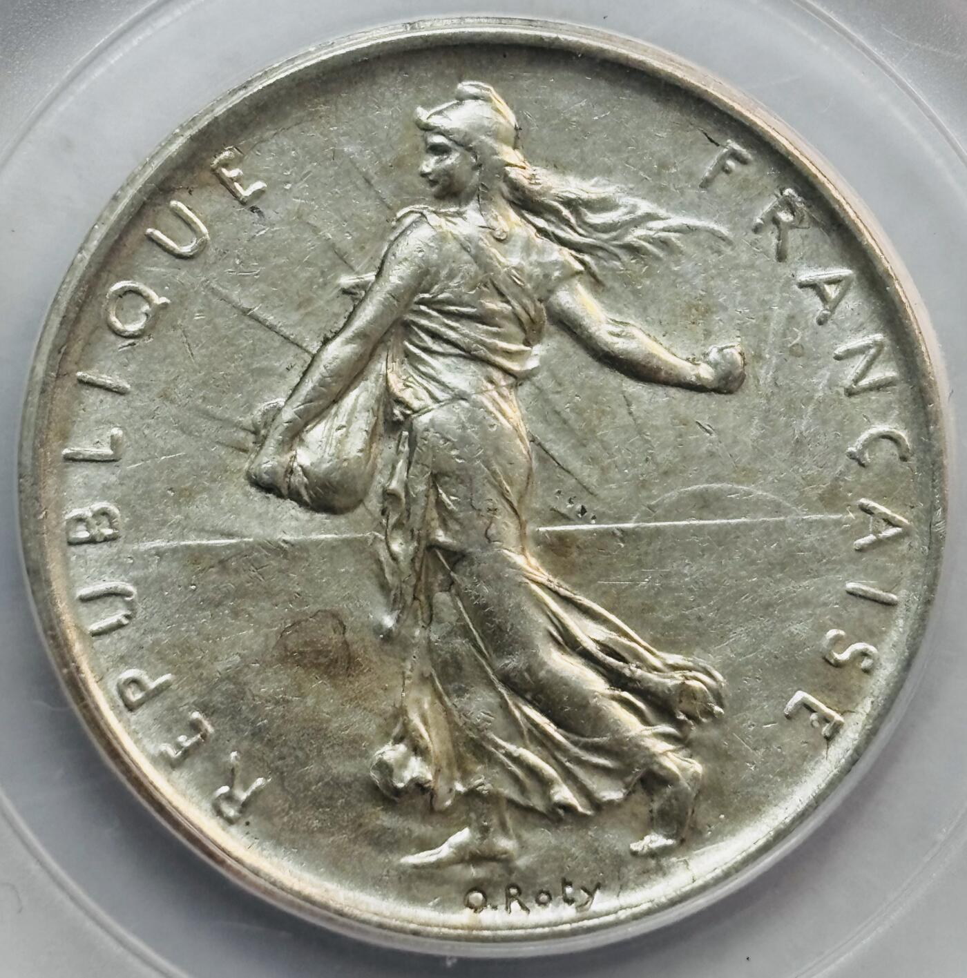 文馨钱币收藏第 282 场，【 长期接收代拍品】，加拿大老铜代用币，银币，德三系列场 公博评级 MS62 分 1960 年法国播种女神 5 法郎大姨妈 835 高银