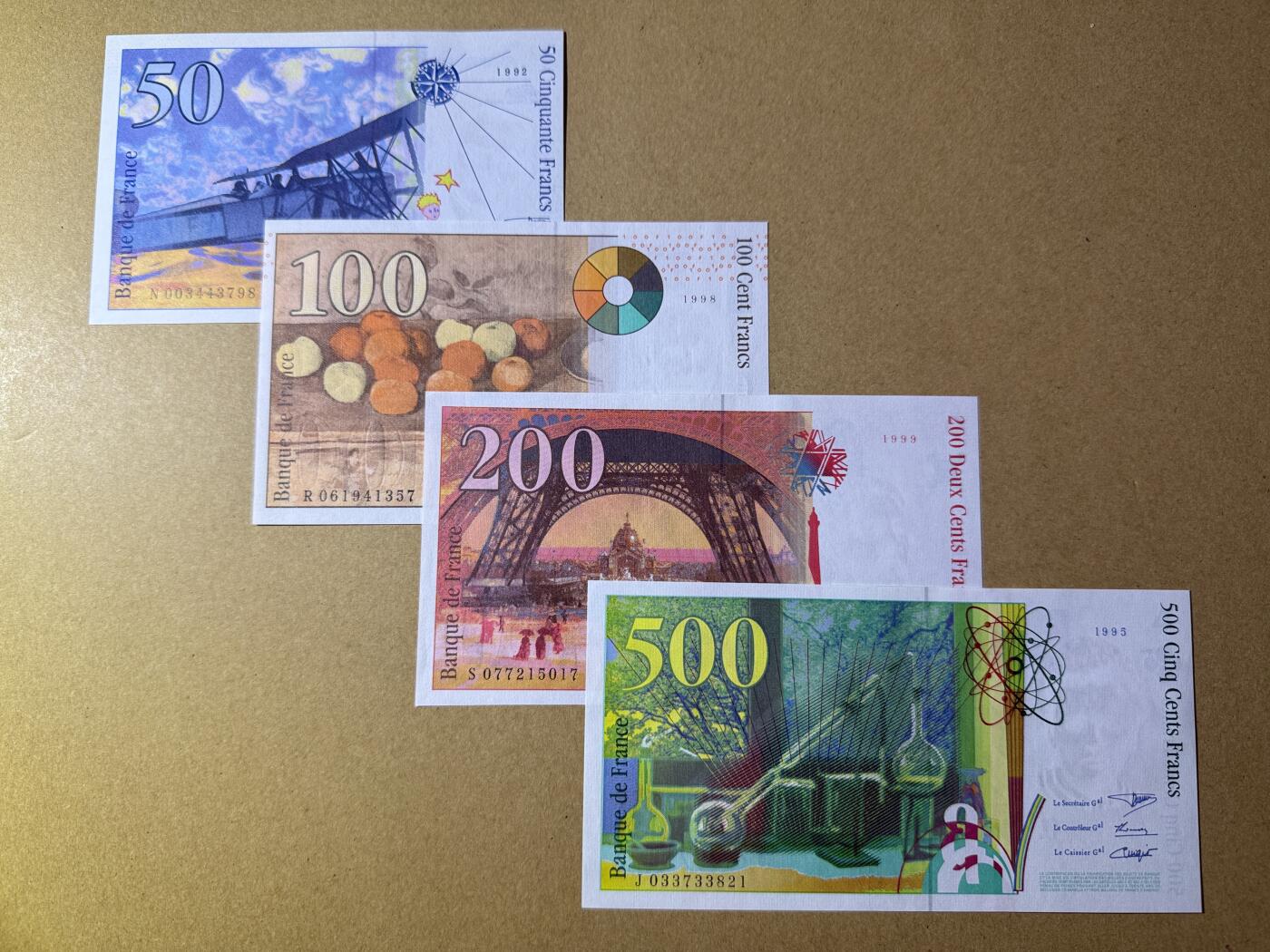 《艾美收藏》第221期-11.23周日黄金场精品荟萃 法国50、100、200、500法郎4张 UNC 末版一套 50法郎小王子为1992年初版 全部原票好品