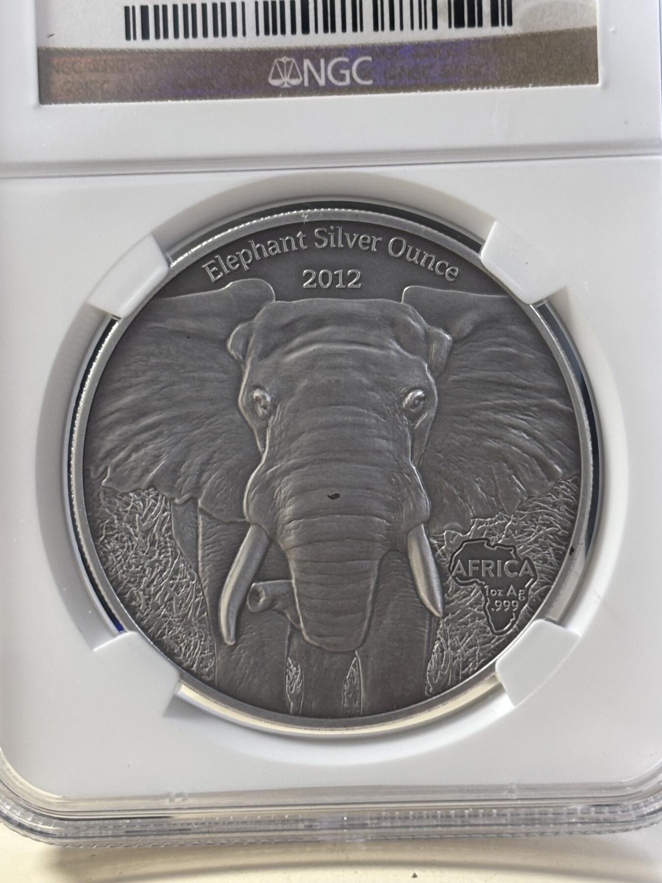 第182期拍卖 加蓬2012年非洲野生动物系列大象仿古银币NGC-MS68，1盎司，999银