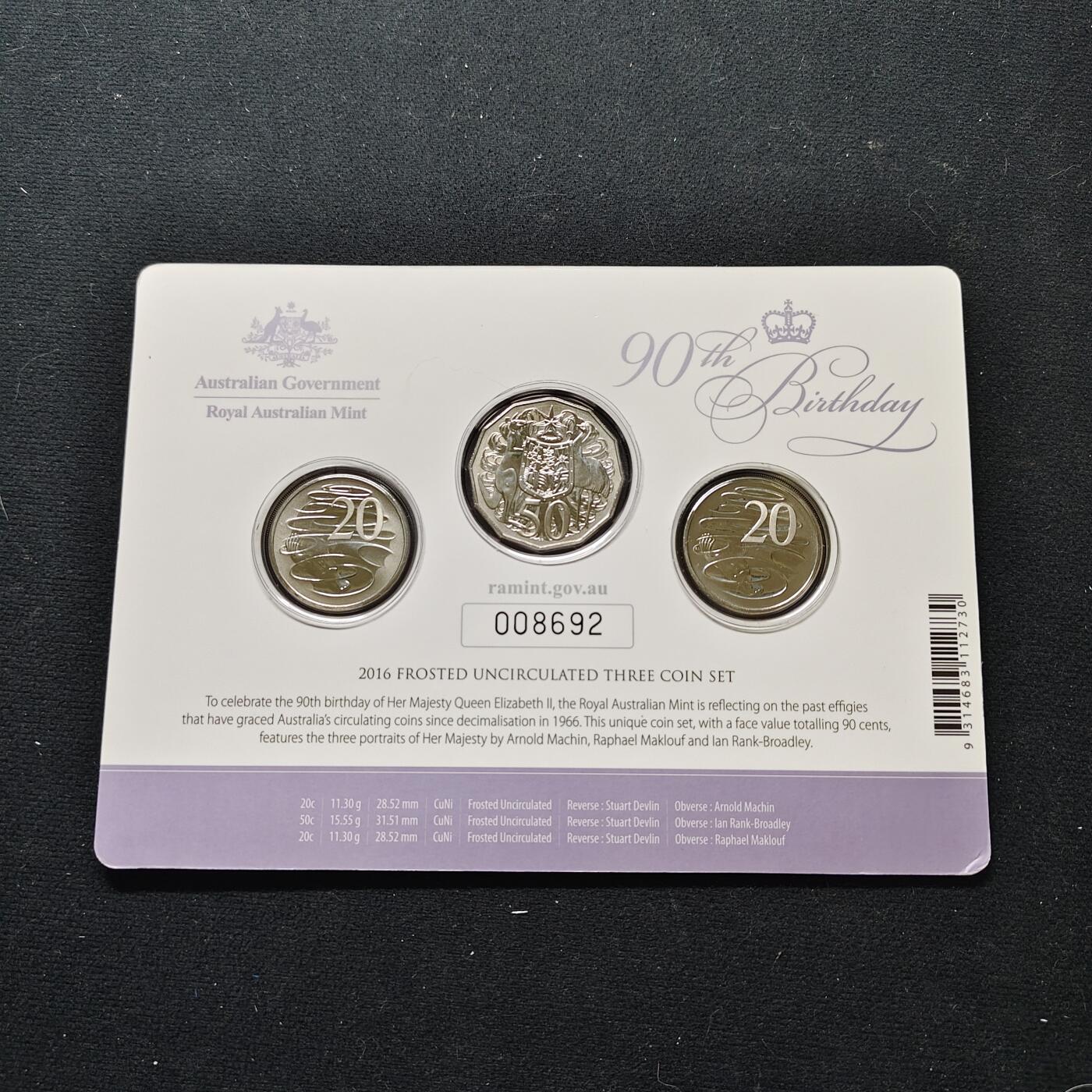 【全场包邮】纯粹捡漏拍483场（免费代拍第20场） 澳大利亚2016年伊丽莎白二世女王90大寿官方特别纪念版3枚BU90分卡装套币