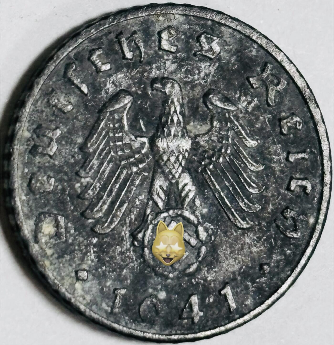 文馨钱币收藏第 282 场，【 长期接收代拍品】，加拿大老铜代用币，银币，德三系列场 极美品 1941 年德三帝国 5 芬尼锌币 B 标，锌币保存不易，品相佳，收藏不错