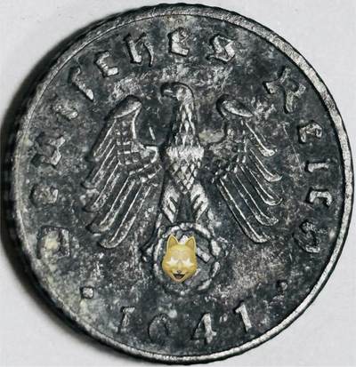 文馨钱币收藏第 282 场，【 长期接收代拍品】，加拿大老铜代用币，银币，德三系列场 - 极美品 1941 年德三帝国 5 芬尼锌币 B 标，锌币保存不易，品相佳，收藏不错