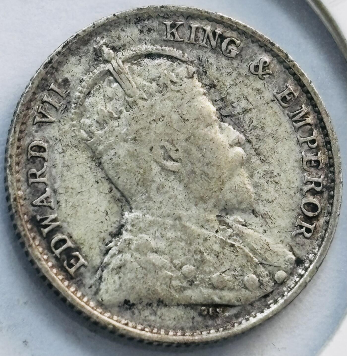 文馨钱币收藏第 282 场，【 长期接收代拍品】，加拿大老铜代用币，银币，德三系列场 稀少好品 1903 年英属海峡殖民地爱德华七世 5 分银币，第一版关门年，只发行 02-03 年 800 银