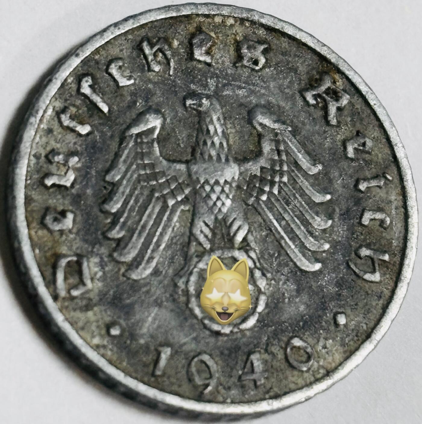 文馨钱币收藏第 282 场，【 长期接收代拍品】，加拿大老铜代用币，银币，德三系列场 极美品 1940 年德三帝国 5 芬尼锌币 A 标，锌币保存不错，收藏不错