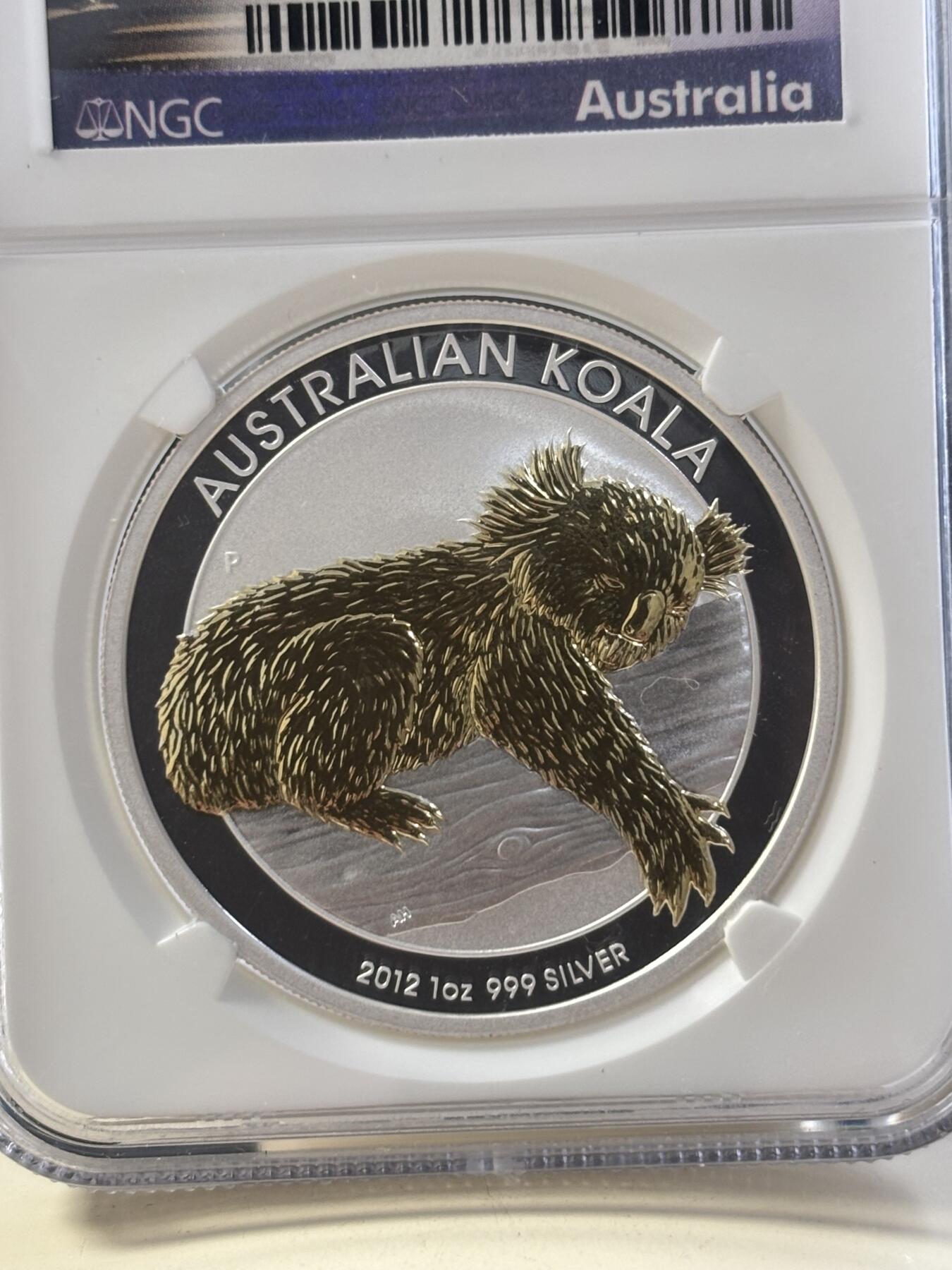 第182期拍卖 澳大利亚2012年考拉镀金银币NGC-MS70,1盎司，999银
